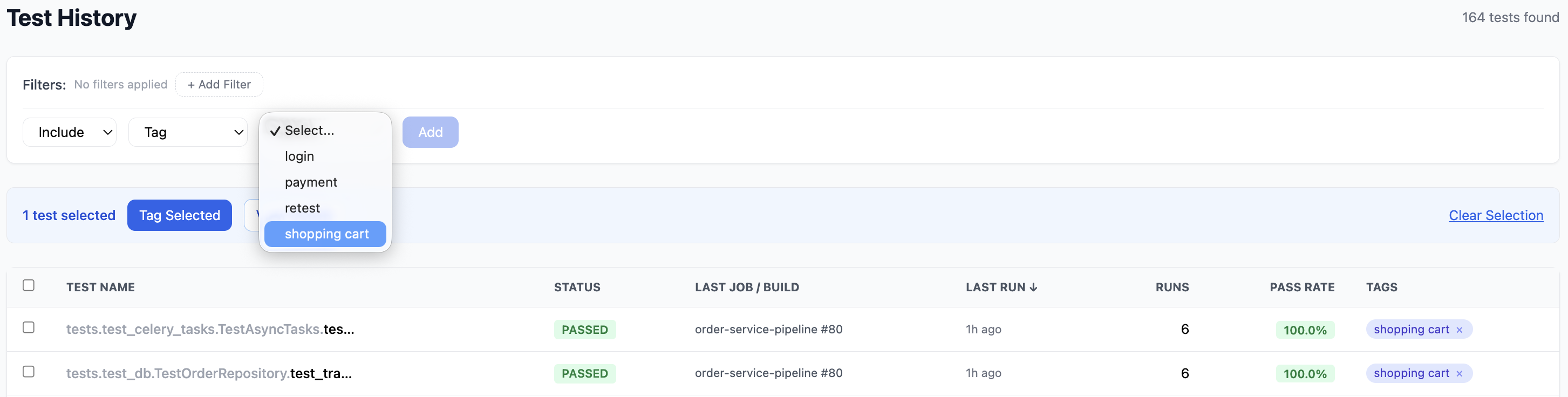 Test History — tag filter dropdown